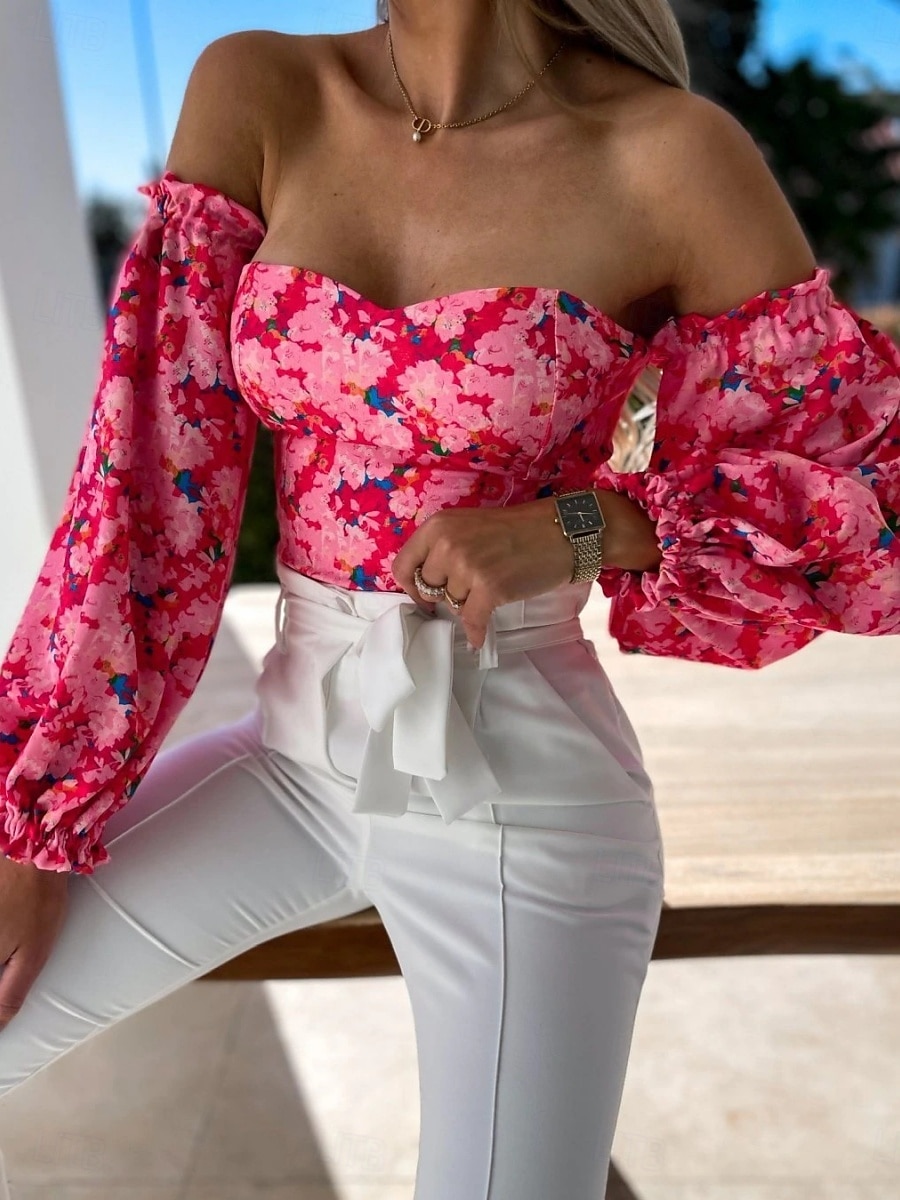 Dames Overhemd Blouse Afdrukken Blote rug Bloemig Stijlvol Casual Lange mouw Strapless Normale tops Dagelijks Zwart Wit Rood Paars Zomer Lente 2026 - $29.99 –P15
