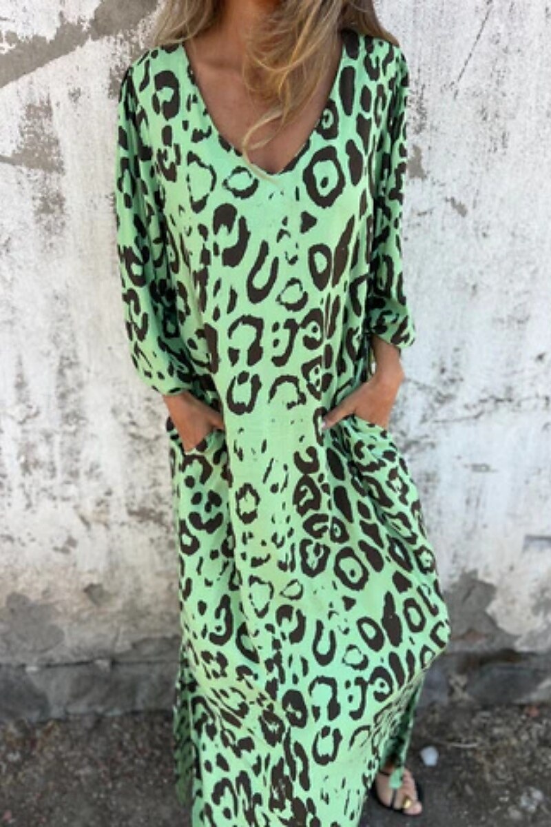Dámské Maxi šaty Volnočasové šaty Boho Chic šaty Čechy Na běžné nošení Cikánský Dovolená Denní Plážové Volný Leopard 3/4 délka rukávu Do V Vodní modrá Trávová zelená Léto Jaro 2025 - $23.99 –P4