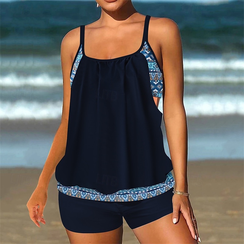 Dam Tankini Tvådelad baddräkt Brottarrygg Badkläder Blommig Badkläder Svart Blå Andningsfunktion Snabb tork Lättvikt Ärmlös - Simmning Surfing Strand Sommar Vår 2025 - $21.59 –P14