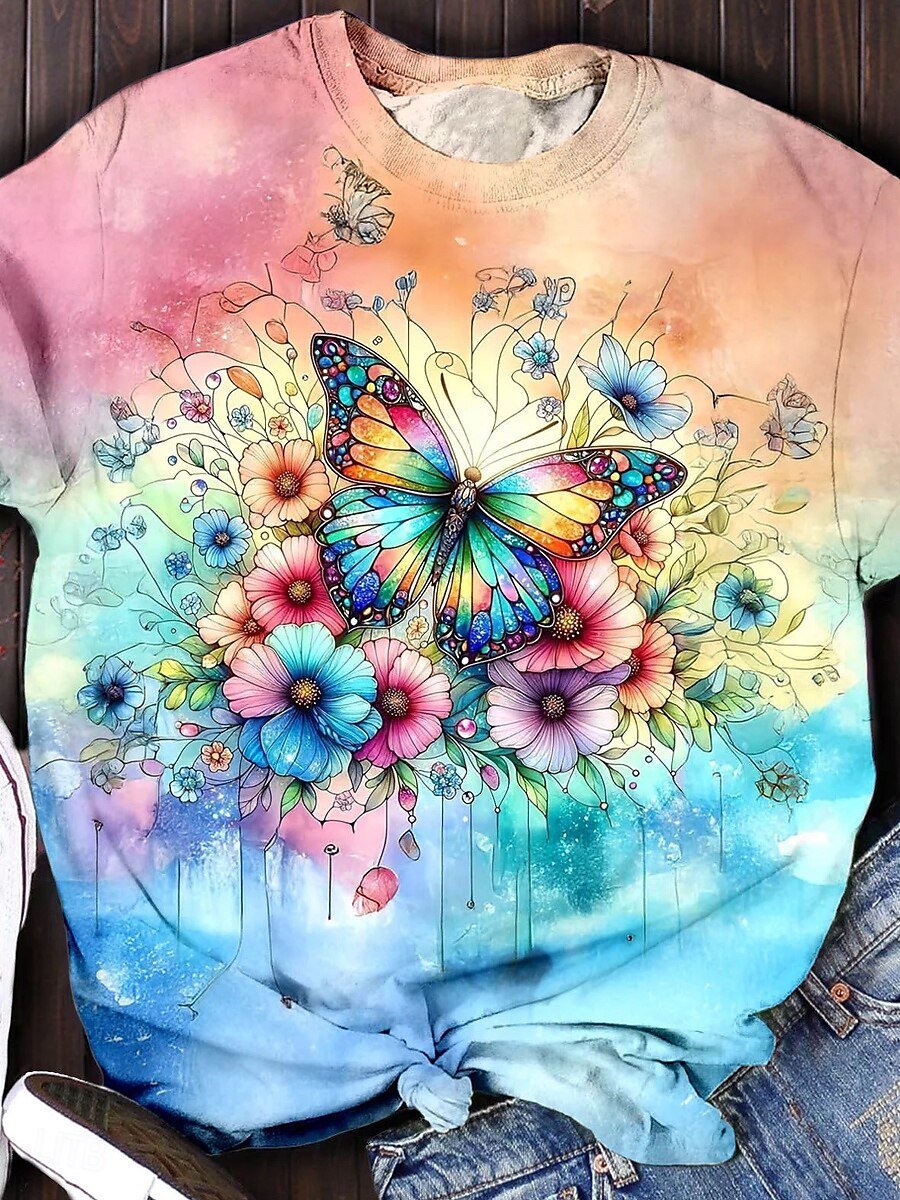 Dame T skjorte Blomstret Sommerfugl Fritid Kortermet Rund hals Vanlige topper Daglig Trykt mønster Rosa Sommer 2025 - $19.99 –P3