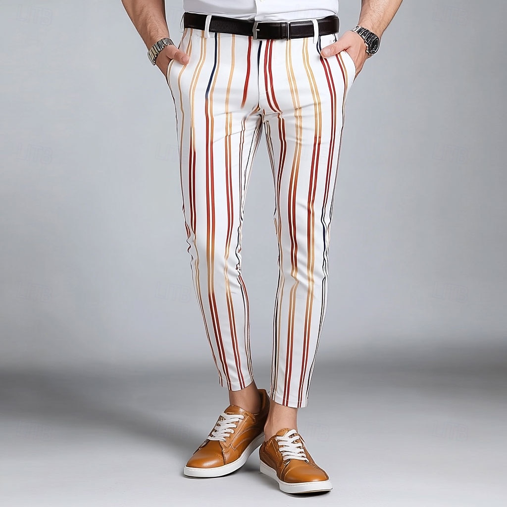 Voor heren Gestreept Kleurrijk Pakken Broek Medium Taille Zakelijk informeel Buiten Vakantie Streetwear Met zakken Strakke pasvorm Platte voorkant Zomer Lente Herfst 3D-afdrukken Wit 2026 - $31.99 –P1