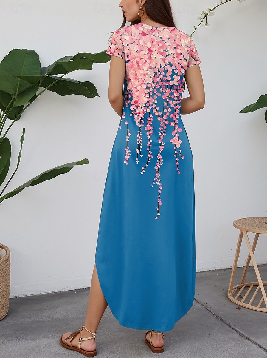 Women's Maxi Dress Casual Dress Vintage Vacation Regular Fit Floral Short Sleeve Crew Neck Blue Summer 2025 - $28.99 –P3
