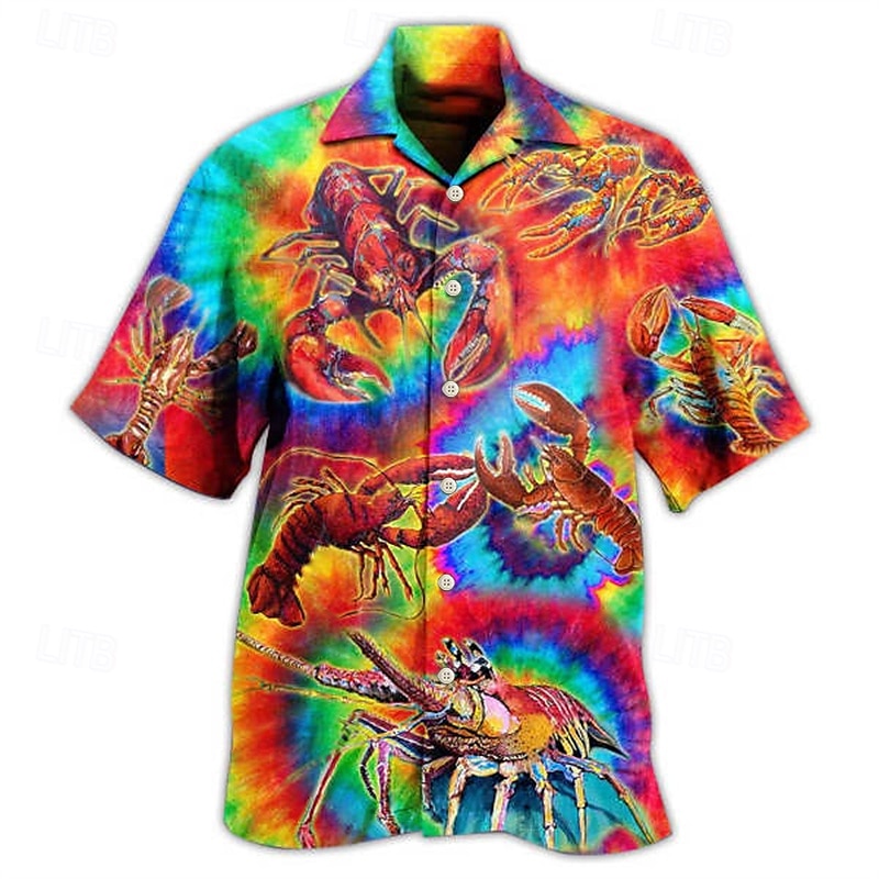 Herre Tropisk Reke Skjorte Hawaii skjorte Aloha skjorte Kortermet Skjorte Aftæpning Mote Designer Fritid Gate Avslappet Daglig Regnbue S M L 2025 - $24.99 –P1
