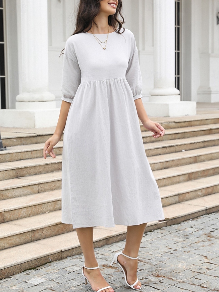 Women's Midi Dress Casual Dress A Line Dress Stylish Basic Casual Vacation Daily Regular Fit Plain 3/4 Length Sleeve Crew Neck White Green Summer Spring 2025 - $25.99 –P6