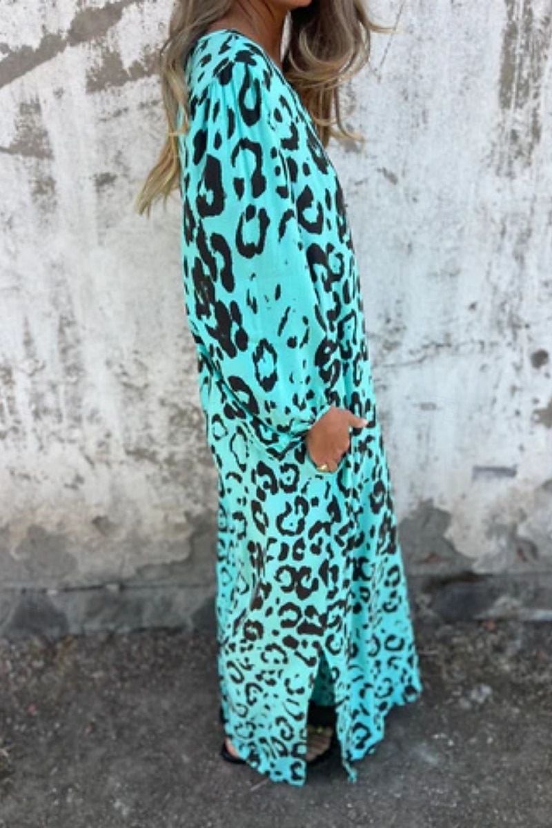 Dámské Maxi šaty Volnočasové šaty Boho Chic šaty Čechy Na běžné nošení Cikánský Dovolená Denní Plážové Volný Leopard 3/4 délka rukávu Do V Vodní modrá Trávová zelená Léto Jaro 2025 - $23.99 –P3