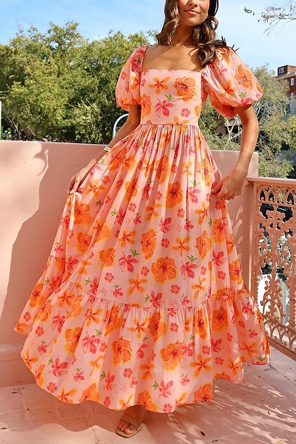 Női Maxiruha hétköznapi ruha Elegáns aranyos stílus Stílusos Flounce Sleeve Vakáció Parti Napi Normál Grafika Rövid ujjú Szögletes Narancssárga Nyár Tavasz 2025 - $31.99 –P1
