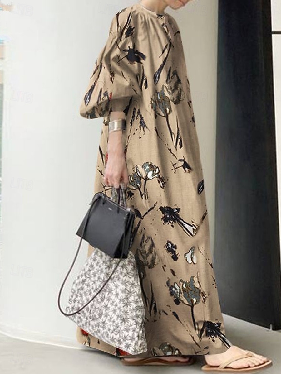 Damen Maxikleid Leinen-inspirierte Kleider Schwingkleid Elegant Urlaub Täglich Lässiger Schnitt Blumen Langarm V Ausschnitt Hellgrün Beige Frühling Herbst 2025 - $36.99 –P3