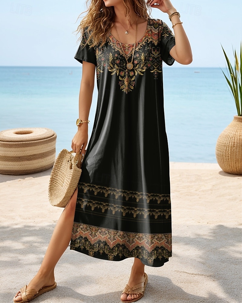 Robe Maxi Femme Robe Décontractée Robe T-shirt Robe Tee Robe d'été Bohémienne Rendez-vous Coupe Régulière Géométrique Manches Courtes Col Rond Noir Gris Foncé Été de 2025 ? $23.99 –P1