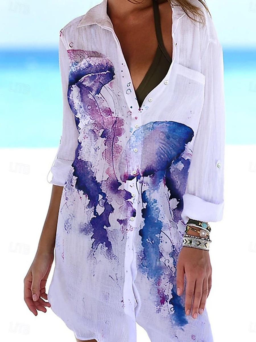 Kvinnors Mini Klänning Skjortklänning Täcka Upp Strandmode Mini Klänning Pockettryck Mode Avslappnat Fisk Vikbar 3/4 Längd Ärmar Lång Passform Utomhus Daglig Vit Blå 2023 Sommar Vår S M L XL 2025 - $46.99 –P2