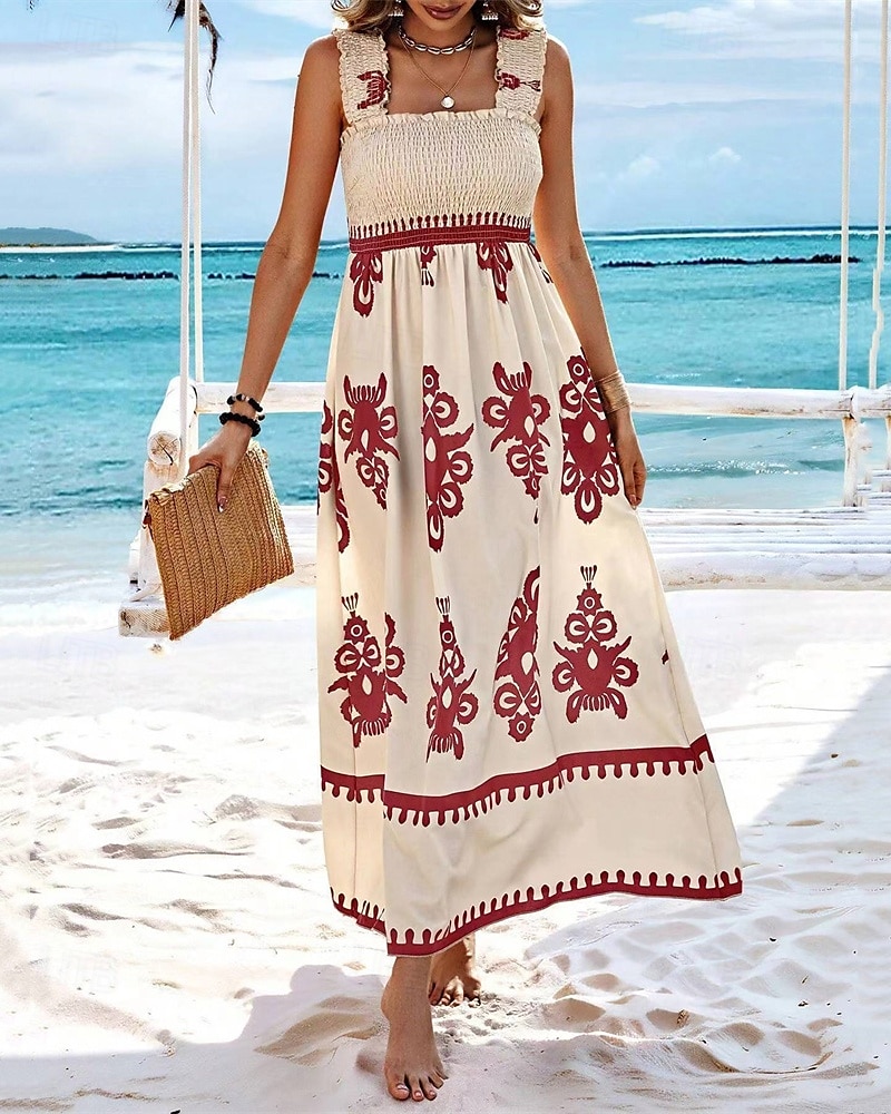 Femme robe longue Robe casual Robe Trapèze Robe d'été robe boheme Bohême Hawaïen mode Vacances du quotidien Rendez-vous Standard Graphic Sans Manches Col Carré Noir Rose Claire Rouge Vert Eté de 2025 ? $23.99 –P15