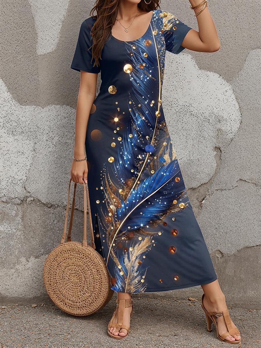 Dámské maxi šaty casual šaty sundress shift šaty stylové casual dovolená denní regular fit květinové krátký rukáv crew neck modrá jaro podzim 2025 - $27.99 –P1
