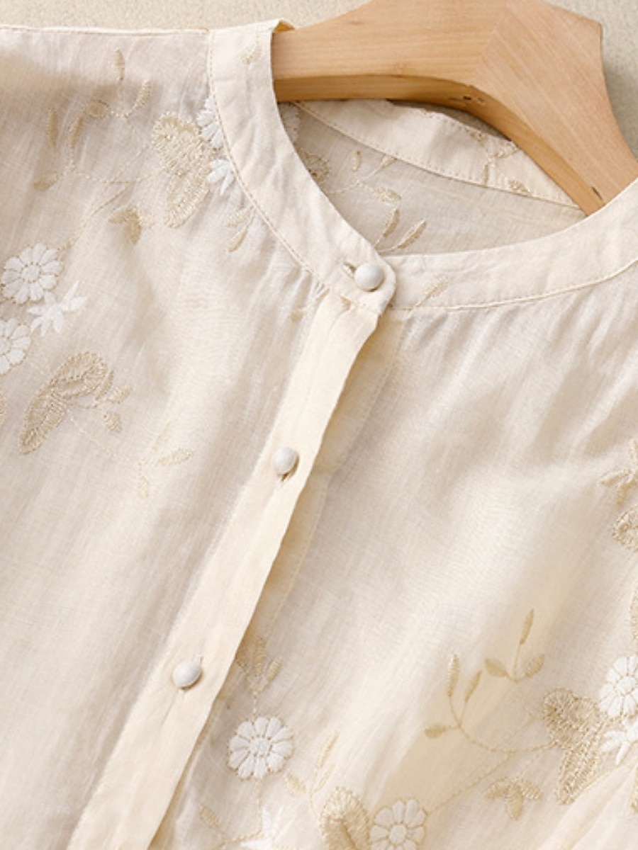 Damen Hemd Baumwoll-Leinen-Hemden Knopfleiste Bluse Blumen Basic Lässig Dreiviertelarm Hoher Ausschnitt Normale Oberteile Täglich Bestickt Knöpfe Gelb Purpur Grün Beige Sommer Frühling Herbst 2025 - $27.99 –P7
