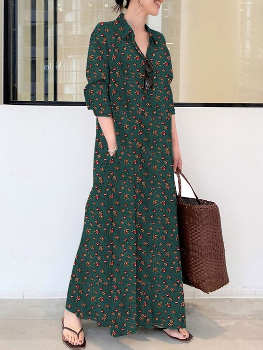 Damen Maxikleid Baumwoll-Leinen-Kleider Hemdblusenkleid Elegant Vintage Stilvoll Urlaub Party Täglich Lässiger Schnitt Grafik Langarm Hemdkragen Wein Königliches Blau Grün Frühling Herbst Winter 2025 - $32.99 –P6
