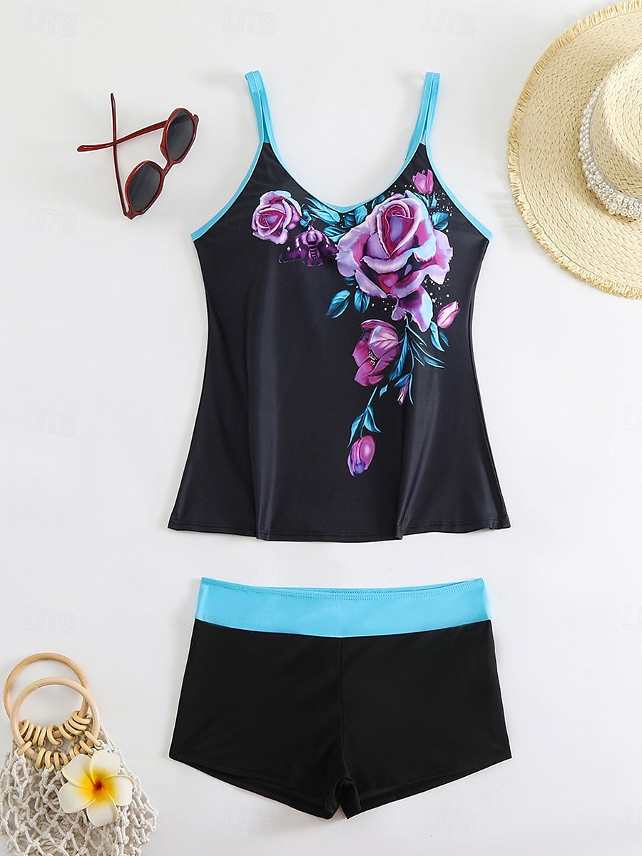 Dam Badkläder Bikini 2 st Pojkeben Baddräkt Öppen rygg Smal Semester Standkläder Blommig U-hals Ärmlös Baddräkter 2025 - $29.99 –P4