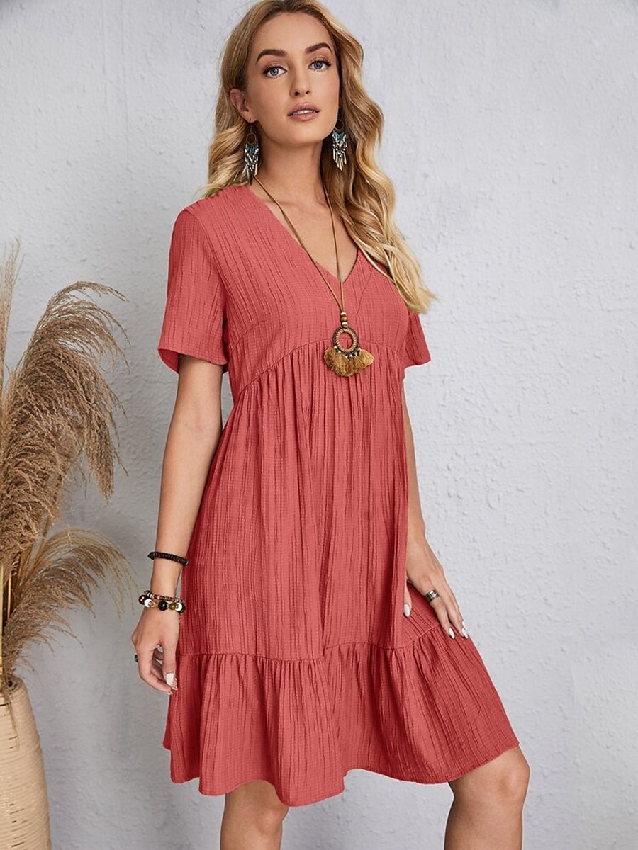 abito da lavoro da donna abito casual abito a trapezio elegante da ufficio quotidiano abito lungo abito lungo patchwork scollo a V manica corta tinta unita vestibilità regolare nero rosa rosso estate del 2025 a $21.99 –P3