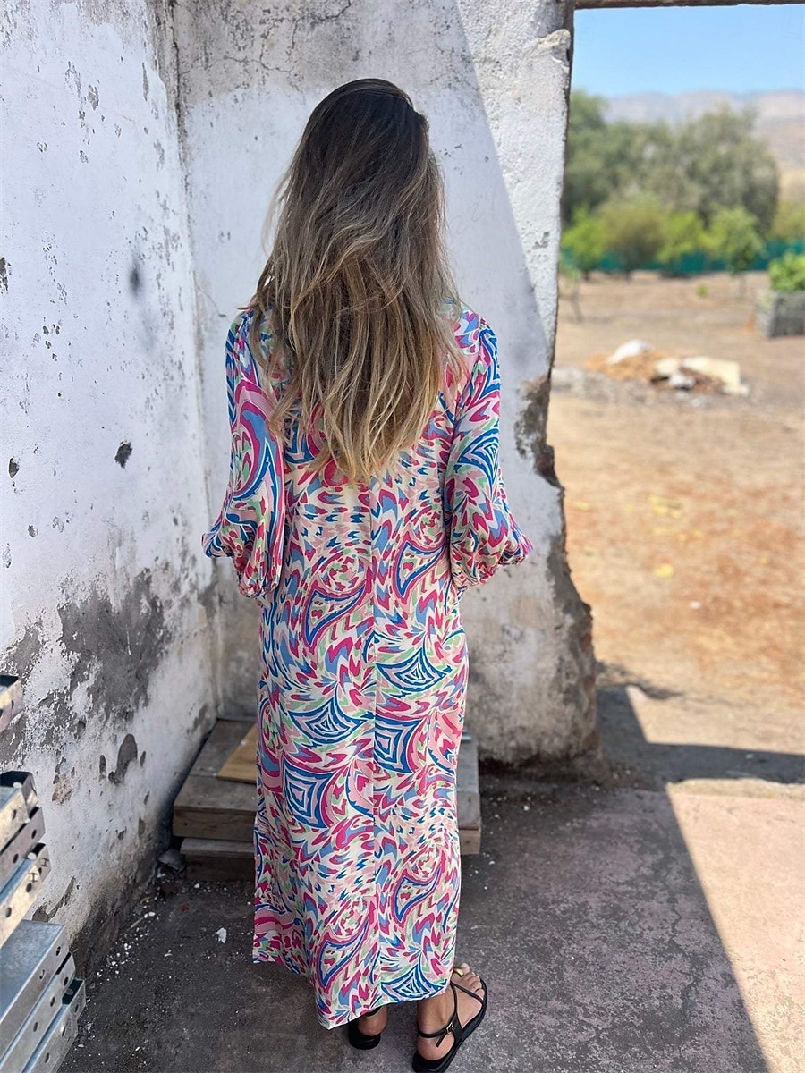 Női Maxiruha hétköznapi ruha Boho elegáns ruhák Boho ruha Csehország aranyos stílus Stílusos Lámpás hüvely Vakáció Napi Randi Laza öltözet Grafika Féhosszú V-alakú Arcpír rózsaszín Lóhere Nyár Tavasz 2025 - $28.99 –P3