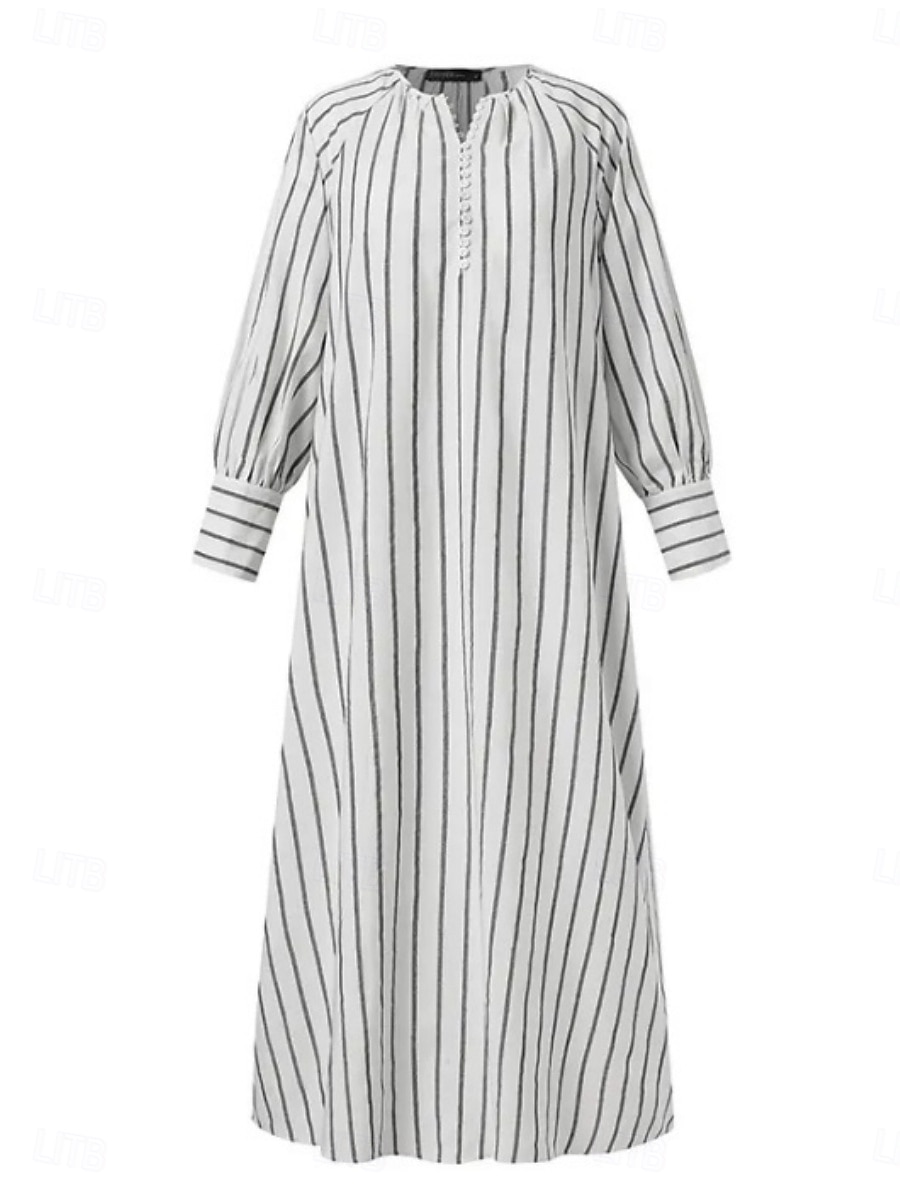 Damen Maxikleid Baumwoll-Leinen-Kleider Freizeitkleid Basic Lässig Urlaub Täglich Normale Passform Gestreift Langarm V Ausschnitt Weiß Blau Sommer Frühling 2025 - $28.99 –P4