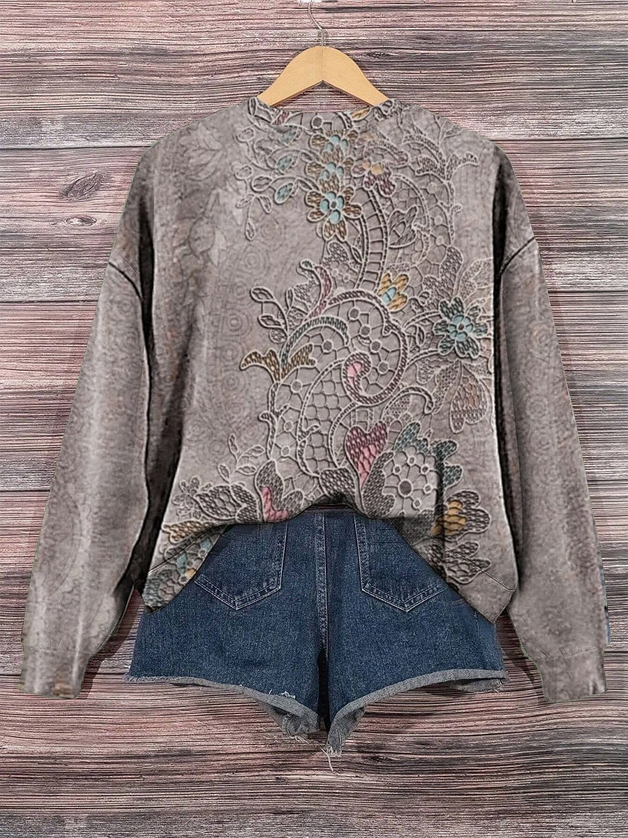 Damskie Z kapturem Nadruk Kwiaty Codzienny Długi rękaw Okrągły dekolt Zwykłe topy Codzienny Praca Na co dzień Szary Jesień Zima 2026 - $28.99 –P2