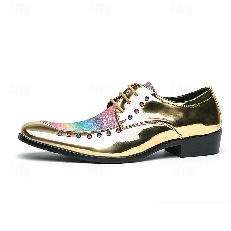 נעלי אוקספורד דמוי עור זהב לגברים עם נצנצים קשת בענן ופרטים משובצים - נעלי סטייטמנט למסיבות, חתונות ואירועים מיוחדים 2026 - $59.99 –P3