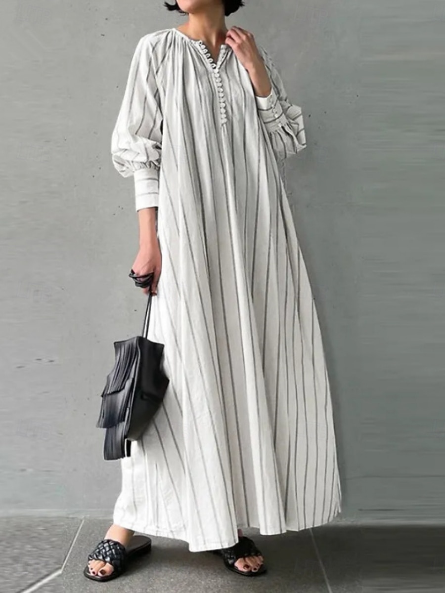 Damen Maxikleid Baumwoll-Leinen-Kleider Freizeitkleid Basic Lässig Urlaub Täglich Normale Passform Gestreift Langarm V Ausschnitt Weiß Blau Sommer Frühling 2025 - $28.99 –P3