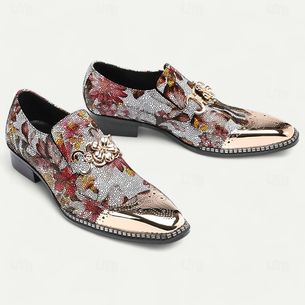 läderloafers med blommigt tryck för män – slip-on klänningskor i premiumkohud med metallkedja och glänsande tåhätta för fester och högtidliga tillfällen 2025 - $119.99 –P5