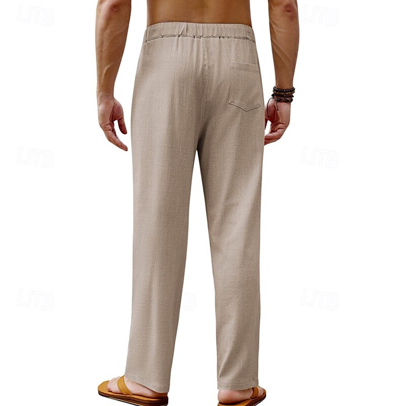 Men's Linen Pants Trousers Summer Pants Beach Pants Drawstring Elastic Waist Straight Leg Plain Comfort Breathable Full Length Daily Holiday Wedding Party Fashion Classic Style Black White 2025 - $20.99 –P4