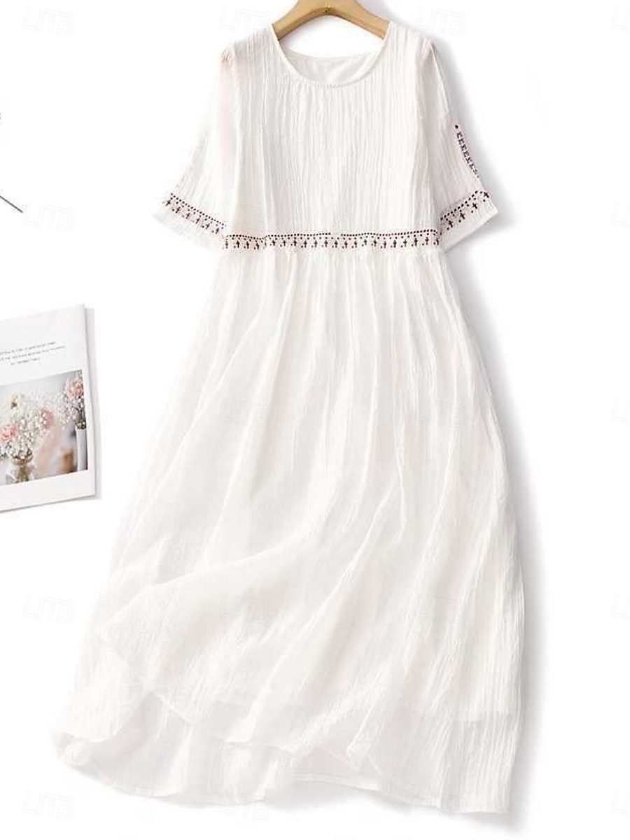 Per donna Abito maxi Abiti in cotone e lino Vestito Casual Vestito a ruota Abito lungo in cotone Essenziale Casual Vacanza Quotidiano Vestibilità regolare Floreale Mezza Manica Girocollo Bianco Verde del 2025 a $36.99 –P6