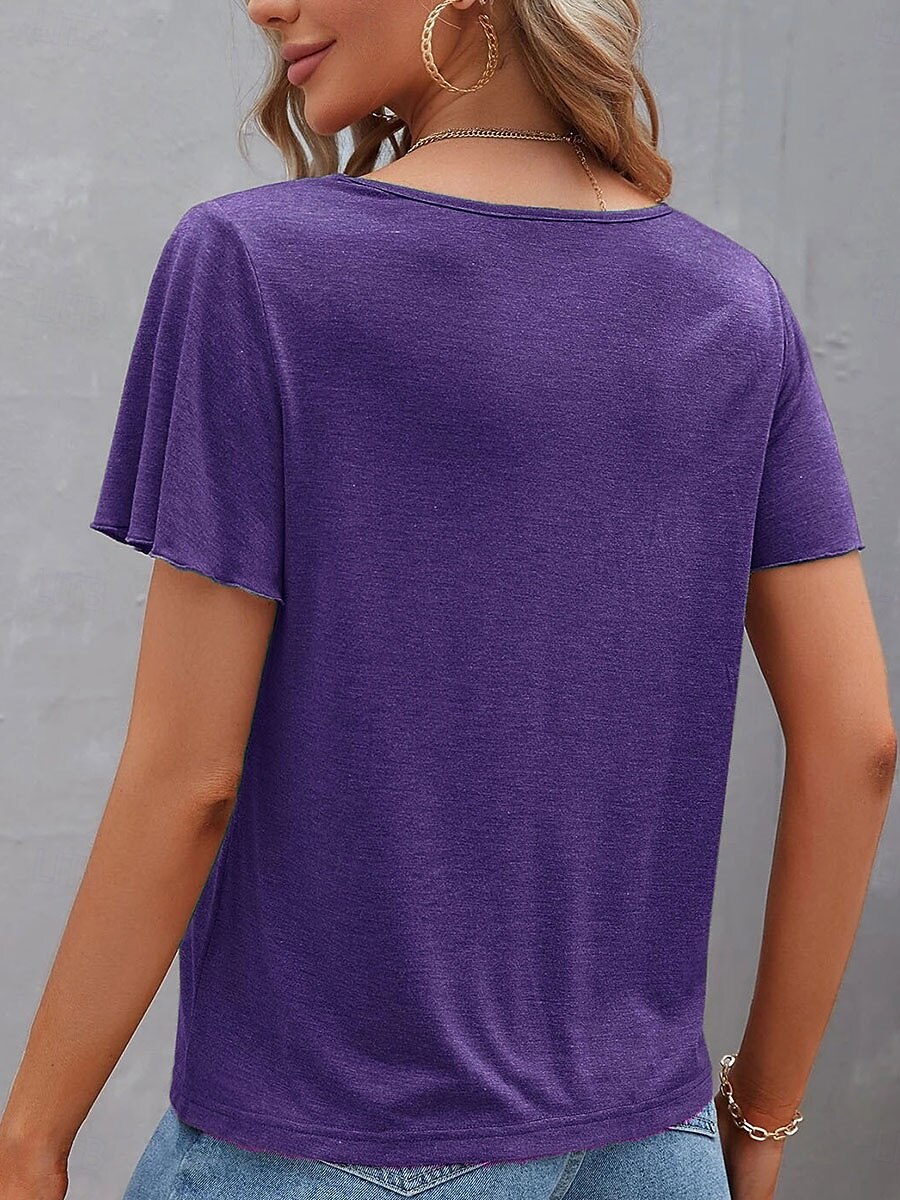 Femme T shirt Plein Mode Moderne Décontractées Manche Courte Col V Hauts réguliers du quotidien Fin de semaine Noir Vert Véronèse bleu marine Violet Eté Printemps de 2025 ? $21.99 –P9