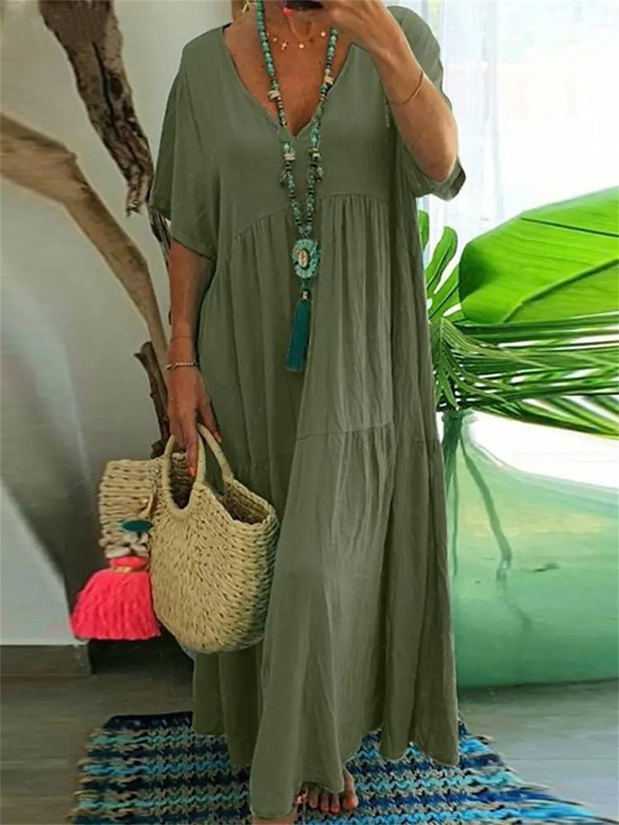 Damen Maxikleid Baumwoll-Leinen-Kleider Freizeitkleid Basic Lässig Urlaub Täglich Lässiger Schnitt Einfach Kurzarm V Ausschnitt Orange Grün Khaki Dunkelblau Sommer Frühling 2025 - $28.99 –P7