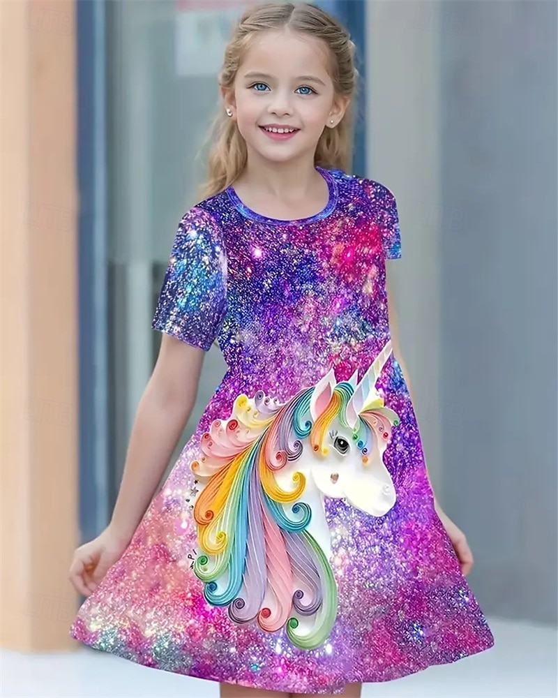 Tyttöjen 3D Kuvitettu Yksisarvinen Mekko Lyhythihainen Kesä Kevät Loma Päivittäin Pyhäpäivä Prinsessa Kaunis Makea Lapset 4-12 vuotta Rento mekko A linjainen mekko Polvipituinen Normaali 2025 - $15.99 –P1