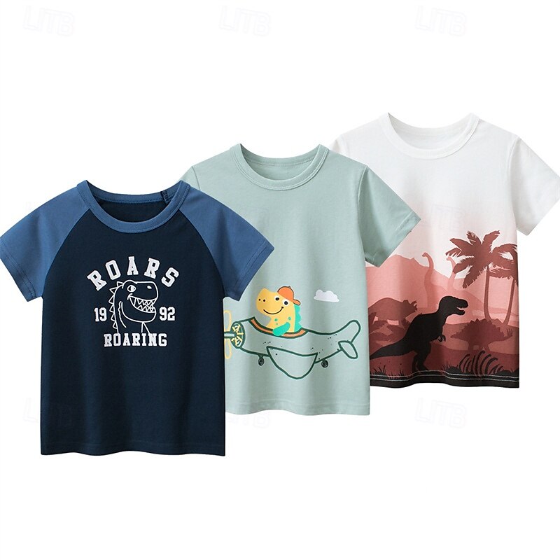 Multi Packs 3pcs Boys Crew Neck Short Sleeves Black+White+Light Blue T Shirt Cartoon Vacation Daily Wear 100% Cotton Spring & Summer 2025 - $17.49 –P1