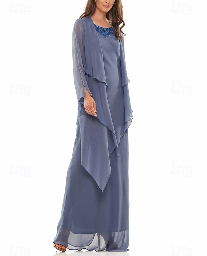 A-Linie Kleid Kleid Sets Brautmutter Kleid Elegant Einfach Rundhalsausschnitt Bodenlang Chiffon Langärmel mit Perlen tierende Rüschen 2025 2025 - $155.99 –P4