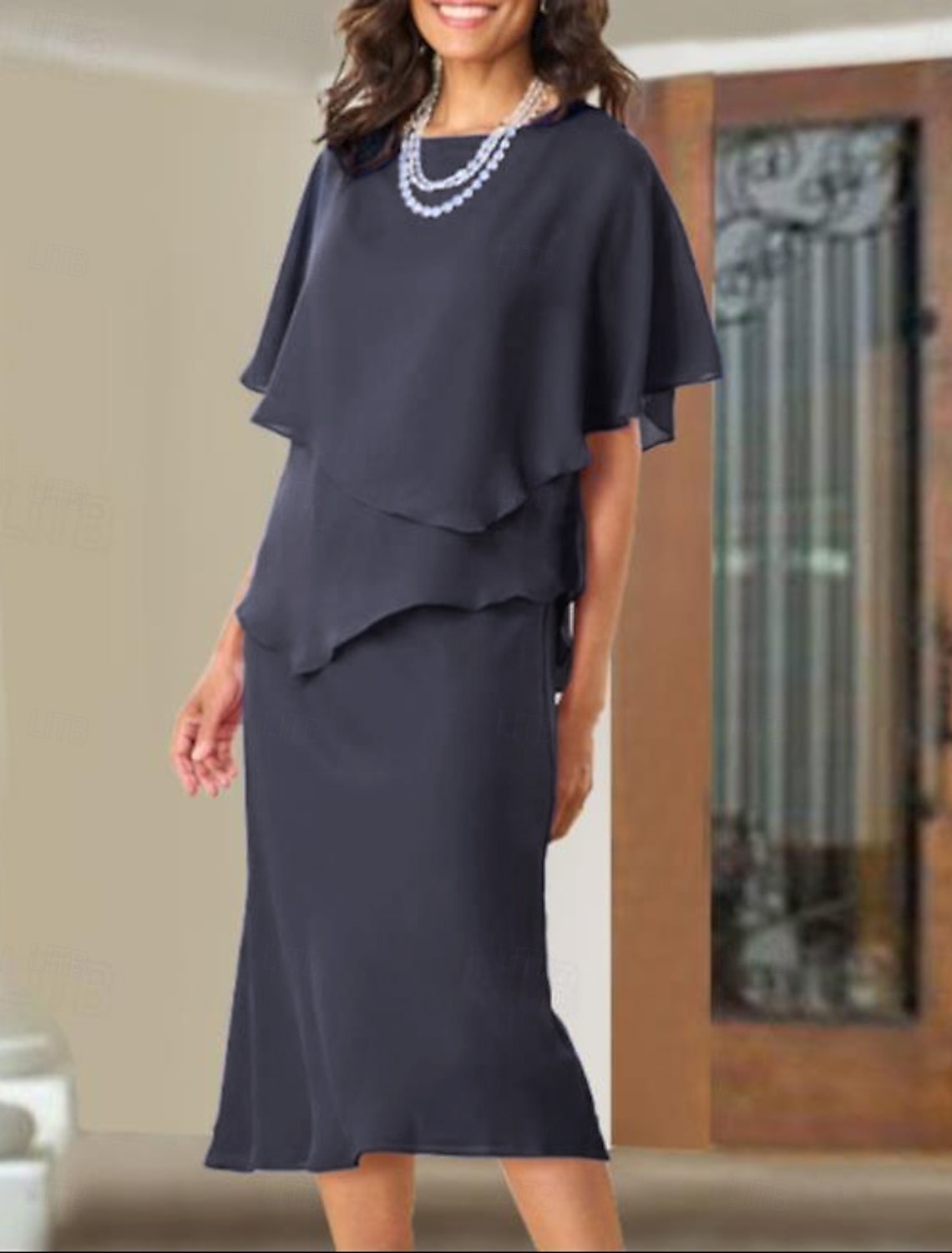 Abito A-Line per la madre della sposa Ospite di nozze Elegante Taglie forti Collo a gioiello Lunghezza tè Chiffon Maniche corte con rouches 2025 taglia personalizzata gratuita del 2025 a $125.99 –P3