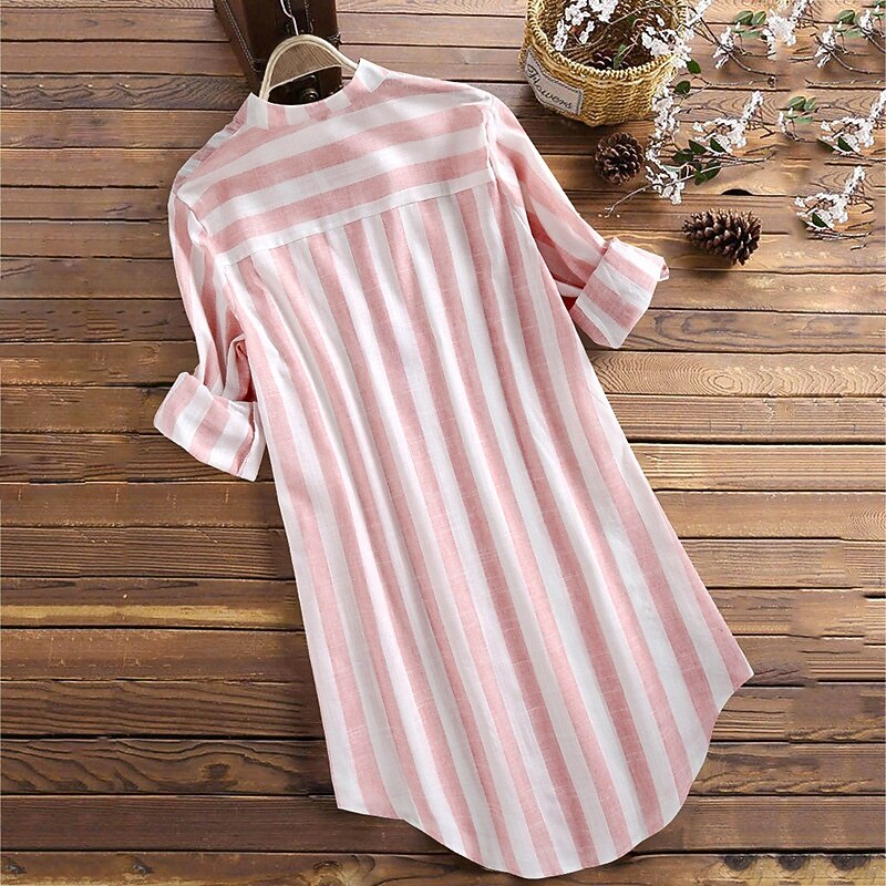 Damen Minikleid blusenkleid Casual kleid Sommerkleid Stilvoll Brautkleider schlicht Urlaub Täglich Verabredung Regular Fit Streifen Langarm V Ausschnitt Schwarz Rosa Blau Khaki Sommer Frühling 2025 - $24.99 –P9