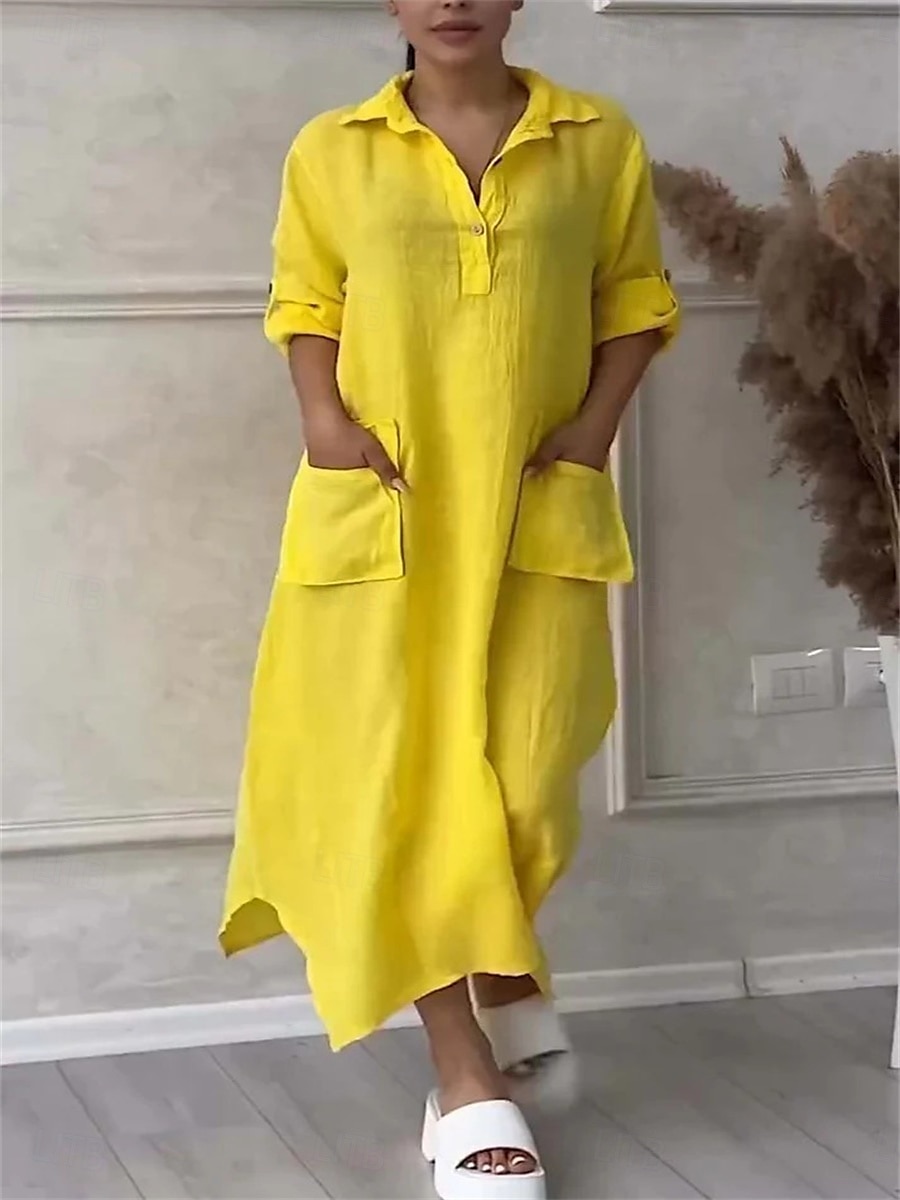 Damen Maxikleid Baumwoll-Leinen-Kleider Freizeitkleid Elegant Stilvoll Basic Urlaub Täglich Lässiger Schnitt Einfach Langarm Hemdkragen Schwarz Weiß Gelb Purpur Frühling Herbst 2025 - $32.99 –P4