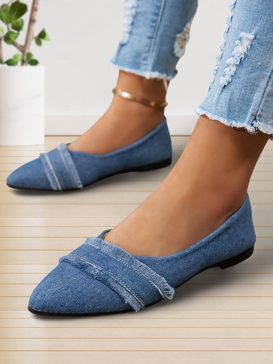 Zapatos planos de mujer con punta de mezclilla y detalles deshilachados: zapatos casuales y elegantes para salidas diarias y moda de primavera 2025 - $18.99 -P5