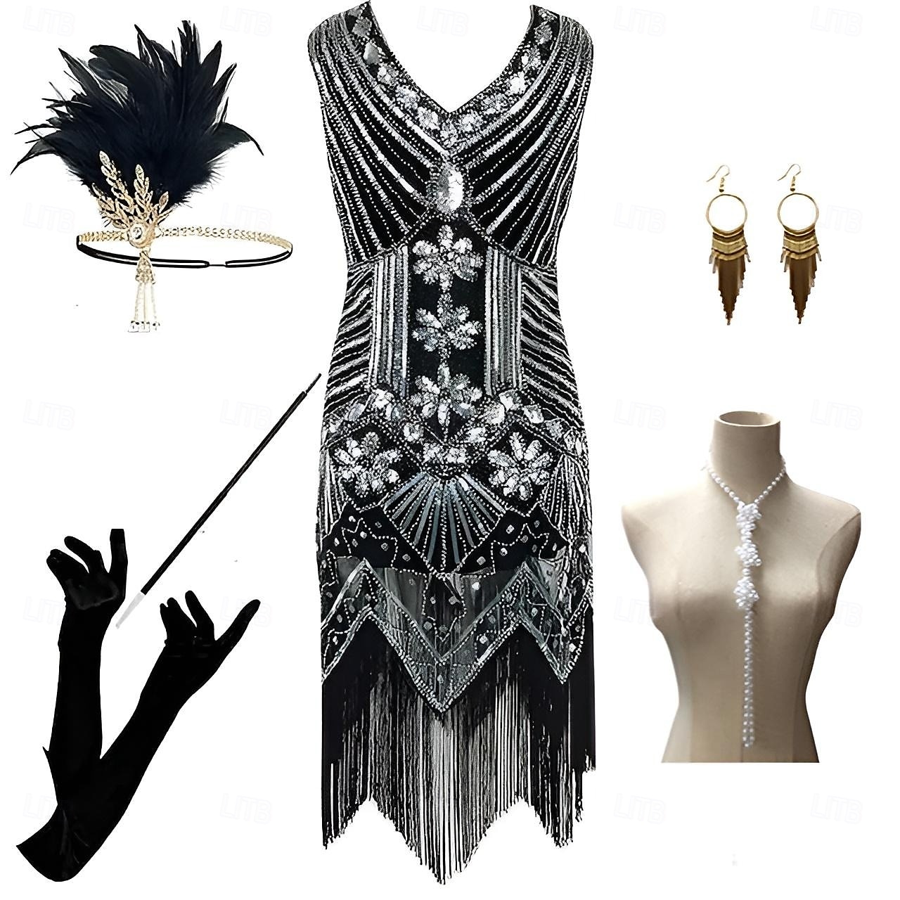 De livlige 20-årene 1920-tallet Cocktail Kjole Knelengde Flapper kjole Kjoler Drakter Ermeløs Den store Gatsby Charleston Store størrelser Dusk Fjær V-hals Kostyme Dame Karneval Nytt År Maskerade 2025 - $55.99 –P14
