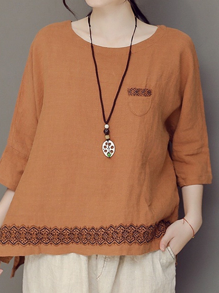 Damen Hemd Bluse Baumwoll-Leinen-Hemden Geometrisch Basic Lässig Dreiviertelarm Rundhalsausschnitt Normale Oberteile Täglich Patchwork Weiß Braun Grün Sommer Frühling 2025 - $21.99 –P10