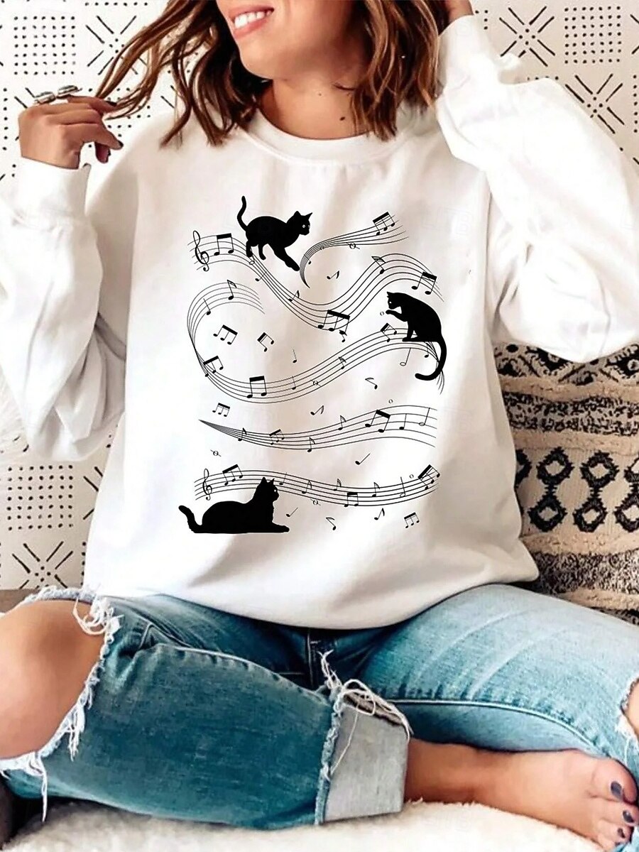 Per donna Pullover Gatto Casual Manica Lunga Girocollo Top Regolari Streetwear Abbigliamento Quotidiano Stampato Bianco Autunno Inverno del 2025 a $27.99 -P1