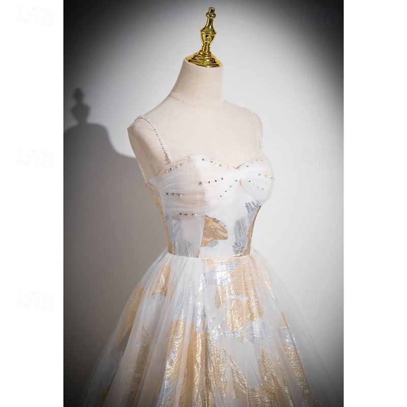 Floral Gold Ball Gown A-Line Prom Dresses Vintage Dress Formal Masquerade Floor Length Sleeveless Spaghetti Strap Tulle with Glitter Wedding Guest Dress 2025 - €106.19 –P3