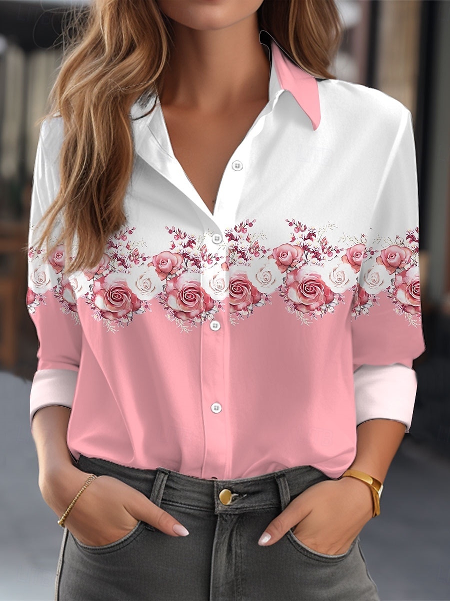 Per donna Camicia Floreale Casual Manica Lunga Colletto a Camicia Top Regolari Lavoro Quotidiano Bottoni Stampato Rosa Primavera Autunno Inverno del 2025 a $32.99 –P1