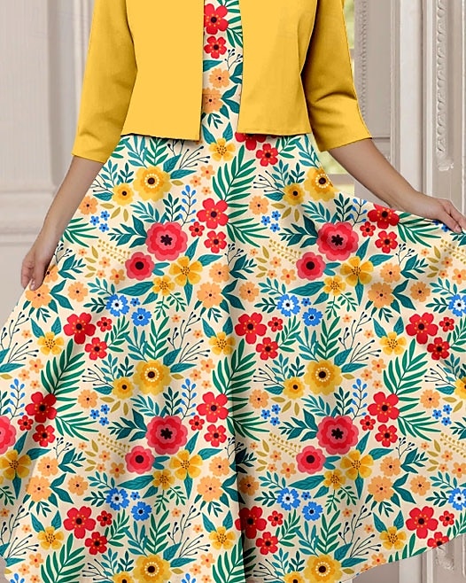 Dámské midi šaty dvoudílná souprava šatů tištěná šaty elegantní vintage květinový potisk 3/4 délka rukávu kulatý výstřih každodenní žluté jaro podzim běžný střih 2025 - $36.99 –P3