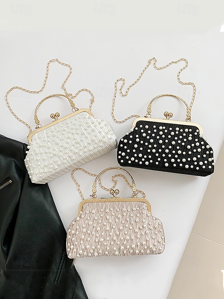 Vintage Pearl Beaded Clutch Bag – Elegant Women's Evening Handbag with Gold Frame and Chain Strap for Weddings, Parties and Formal Events Black White Khaki 2025 - $18.99 –P3
