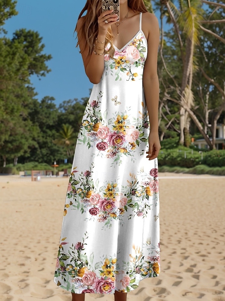 Robe maxi femme Robe décontractée Robe d'été Robe A Line Décontractée Fluide Vacances Quotidienne Ajustement régulier Imprimé floral Sans manches Col en V Noir Blanc Jaune Bleu Été Printemps Automne de 2025 ? $34.99 –P1