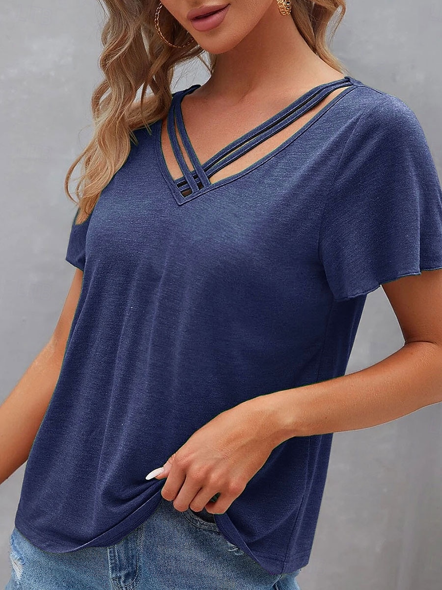 Femme T shirt Plein Mode Moderne Décontractées Manche Courte Col V Hauts réguliers du quotidien Fin de semaine Noir Vert Véronèse bleu marine Violet Eté Printemps de 2025 ? $21.99 –P12