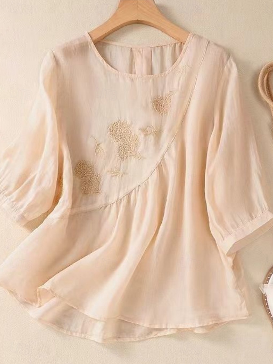 Dame Skjorte Bluse Skjorter i bomullslin Helfarge Grunnleggende Fritid 3/4 ermer Crew-hals Vanlige topper Daglig Broderi Hvit Rosa Blå Kakifarget Sommer Vår 2025 - $21.99 –P7