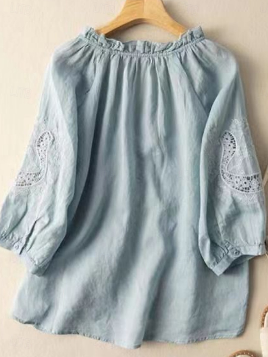 Per donna Camicia Camicie ispirate al lino Blusa Tinta unica Elegante Casual Manica 3/4 Scollo a V Top Regolari Quotidiano Volant Ricamato Bottoni Bianco Blu Estate Primavera Autunno del 2025 a $27.99 –P2