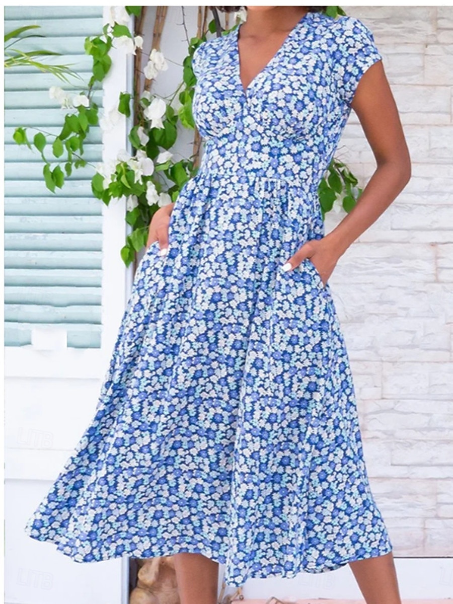 női munkaruha alkalmi ruha vonalas ruha elegáns irodai napi munkadivat midi ruha zseb v nyak rövid ujjú virágos szabályos szabás sárga piros kék nyári tavaszi s m l xl 2xl 2025 - $25.99 –P3