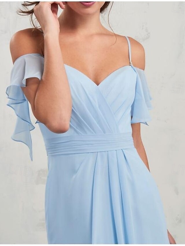 Linea-A Vestito da damigella A V / Con bretelline / Senza spalline Manica corta Elegante Lungo Chiffon / Elastene con A pieghe / Con balze / Drappeggio 2022 del 2025 a $162.99 –P3