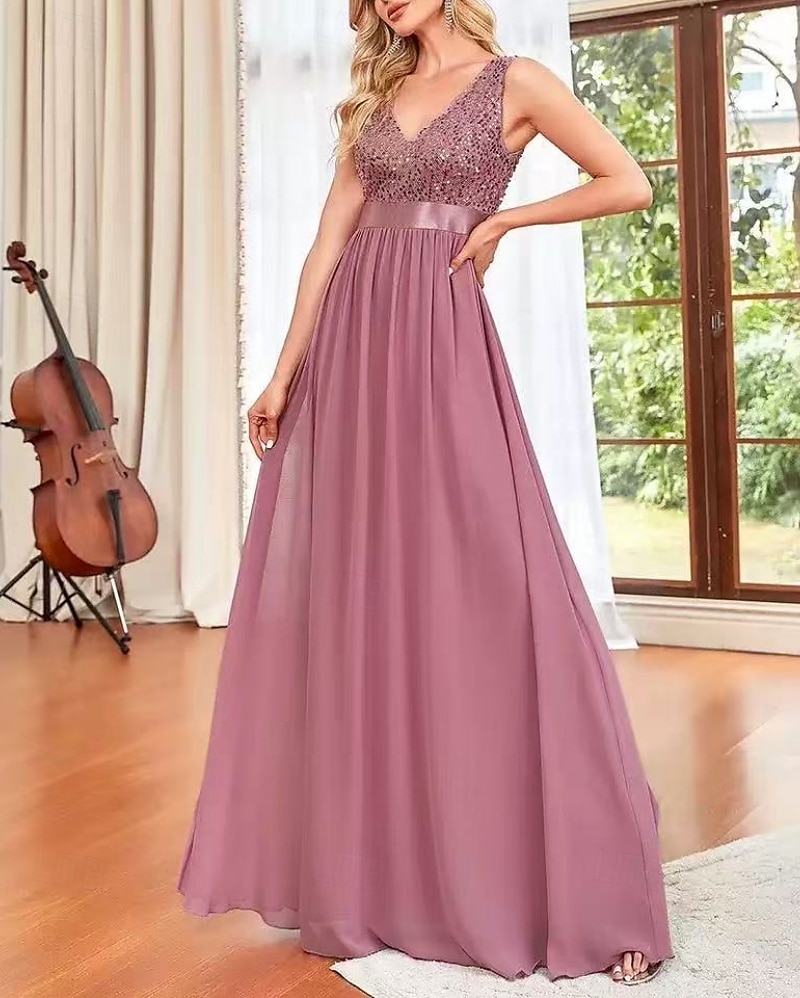A-Line Bridesmaid Dress V Neck Sleeveless Pink Floor Length Chiffon / Spandex / Shantung with Sash / Ribbon / Sequin / Draping 2022 2025 - $162.99 –P4